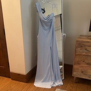 Birdy Grey Mist Blue convertible strap “Mia” matte satin evening gown